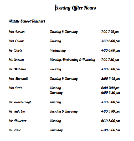 Middle School Evening Office Hours